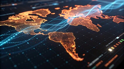 World map illuminated with orange continents and blue data streams on a dark background display