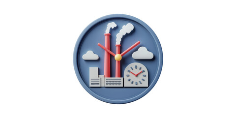 Fototapeta premium Industrial Clock Illustration With Factory And Smoke Stacks. Symbolizes Time Management In Manufacturing Isolated On Transparent Background