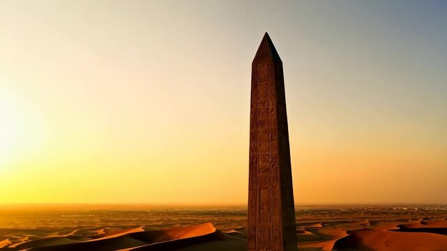 Majestic ancient obelisk stands tall in a vast desert landscape, hieroglyphics adorn the monument under a warm golden sunset sky