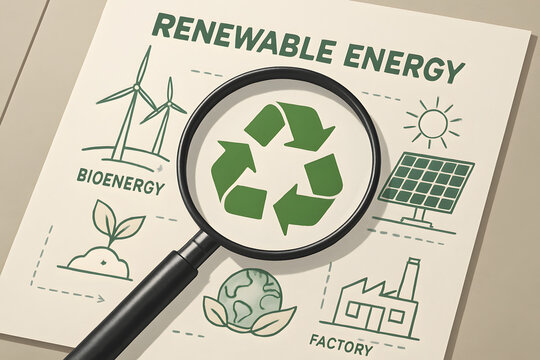 Examining Renewable Energy: A magnifying glass focuses on symbols representing wind turbines, solar panels, and other eco-friendly sources of power and circular economy.