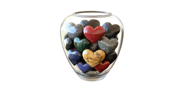 Glass Jar Filled With Colorful Heart-Shaped Stones. Symbol Of Love, Diversity, And Collection Isolated On Transparent Background