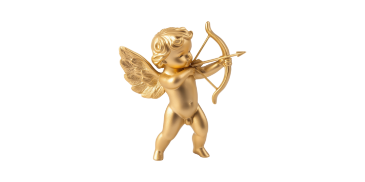 Golden Cupid Figurine With Bow And Arrow. Symbol Of Love And Romance Isolated On Transparent Background