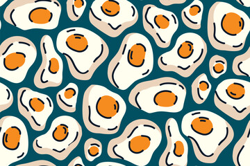 Seamless pattern with funny fried eggs. Funny repeating wallpaper, textile print, graphic surface design in doodle style. Hand drawn broken eggs on blue background. Vector illustration.