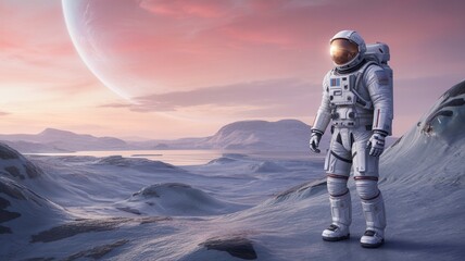 Astronaut Standing on Unknown Icy Planet, Breathtaking Frozen Landscape, Snow-Covered Terrain, Distant Mountains, Clear Starry Sky, Space Exploration, Futuristic Space Suit, Alien World, Frozen Wild