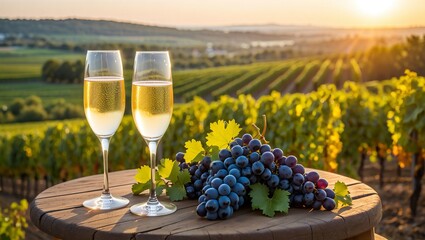 Sparkling Wine and Grapes at Sunset Vineyard