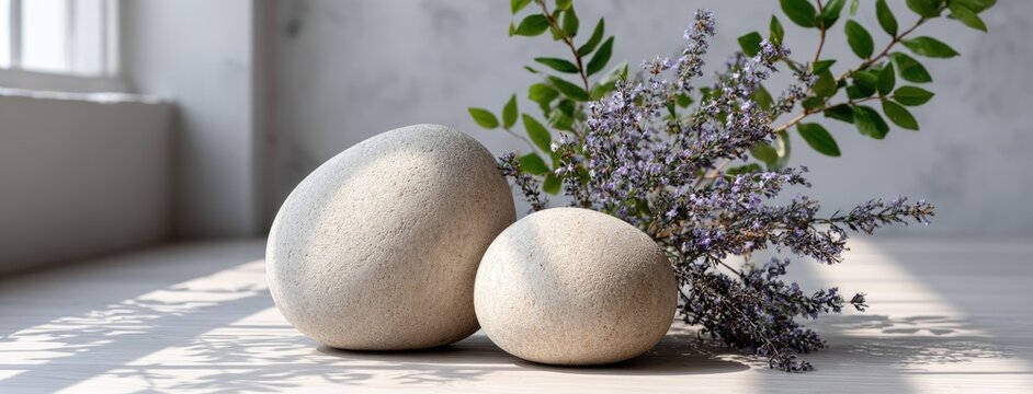 Fresh lavender and dried flowers are elegantly arranged with smooth stones on soft gray, casting gentle shadows for a calming effect