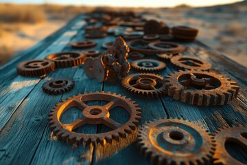Rustic, weathered gears scattered on an aged wooden surface, bathed in warm sunset light.