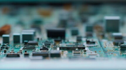 Detailed photo of the internal circuit board of an electronic device, tiny soldier connections, complex chip layout, natural worn metallic tones, minimalist lab setting in the background, slightly dis