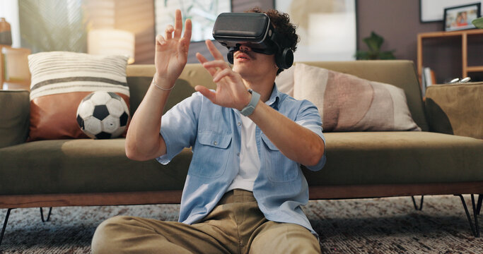 Simulation, gamer and man with vr headset, home and 3D virtual reality with tech for games and lounge. House, player and person with eyewear for entertainment, user experience and fantasy with web - Powered by Adobe