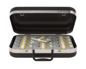 Open leather briefcase with money on white background. Isolated 3D illustration