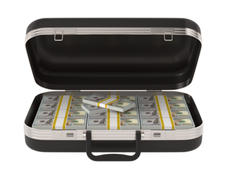 Open leather briefcase with money on white background. Isolated 3D illustration