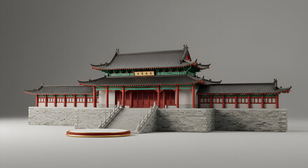 Obraz premium Ancient Chinese temple structure in traditional architecture with a blank product display podium. Architectural model of a historical landmark with a neutral background.