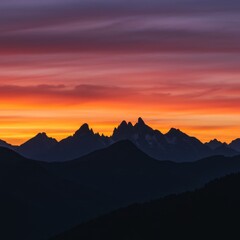 Silhouette of Mountain Peaks at Sunset