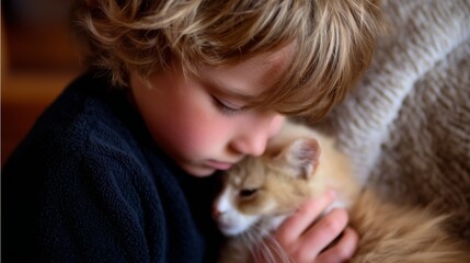 Obraz premium Child enjoys tender moment with cat in cozy indoor setting during the afternoon