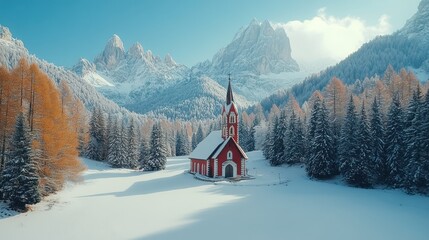 Red Church in Snowy Mountain Landscape