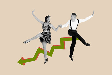 Template collage design trend artwork 3D sketch of dynamic dance choreography young lady fashion elegance dance hold man grace arrow way