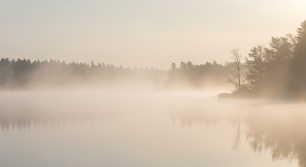 Misty Lake Sunrise: Soft Pastel Colors and Tranquil Reflections