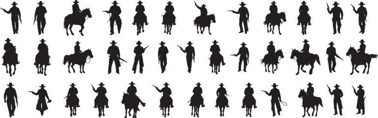 Silhouette cowboys with guns riding horses vector illustration wild west theme design asset 100 char