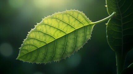Close-up of a vibrant green leaf, possibly Kratom or Azadirachta indica, showcasing intricate details. Ideal for nature, botanical, or medicinal herb projects.