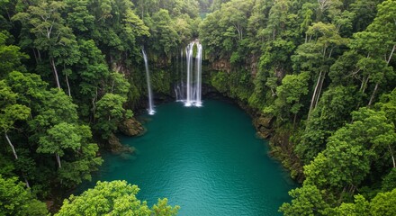 Fototapeta premium Aerial View of Lush Tropical Waterfall and Emerald Pool