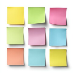 Fototapeta premium Colorful sticky notes on white background. Ideal for presentations, websites, and social media. Perfect for adding reminders or messages. Commercial use allowed.