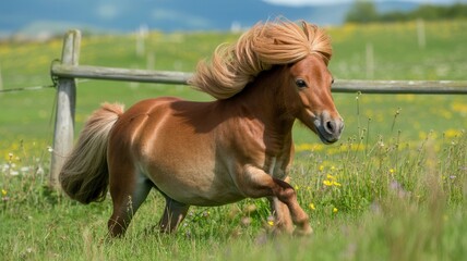 Obraz premium Shetland Pony Running in Field, Small Horse in Motion, Lush Green Pasture, Energetic Farm Animal, Scenic Countryside View