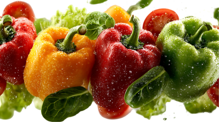 Horizontal arrangement of assorted peppers, tomatoes, and leafy greens, suggesting a healthy and vibrant food display. Isolated on Transparent Background PNG