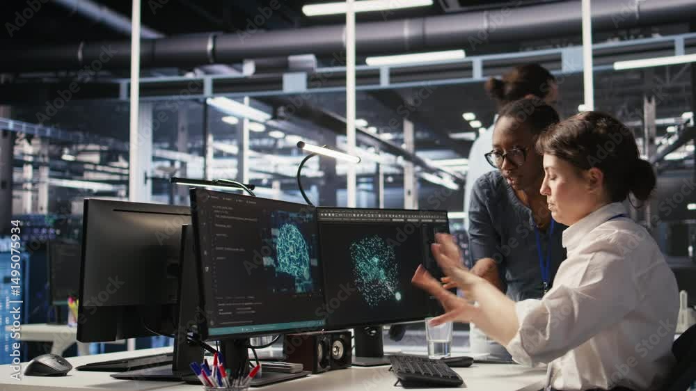 Poster data center technicians adjusting blade server hardware powering artificial intelligence processing 