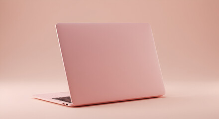 A sleek, pastel pink laptop sits angled on a soft, single-toned pink background.