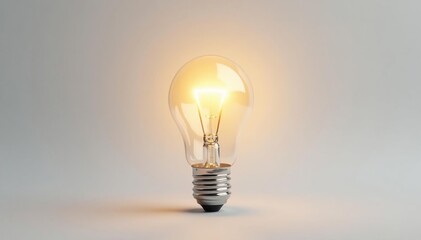 Single lightbulb, glowing brightly on white background, education, technology