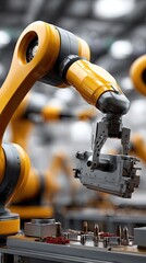 Obraz premium Robotic arms and equipment work seamlessly to produce car exterior parts in a bright, clean industrial space without human presence