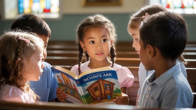 Close-Up of a Group of Children Participating in a Sunday School Lesson at Church, Faith-Based Learning, Kids in Religious Education, Engaged Young Learners, Spiritual Growth for Children

