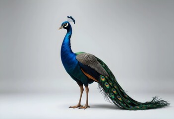 Fototapeta premium Isolated Peacock on White Background with Tail Feathers Down