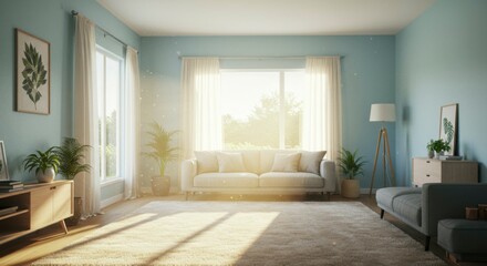 Sunlit living room with light blue walls, beige rug, comfy sofa, and potted plants