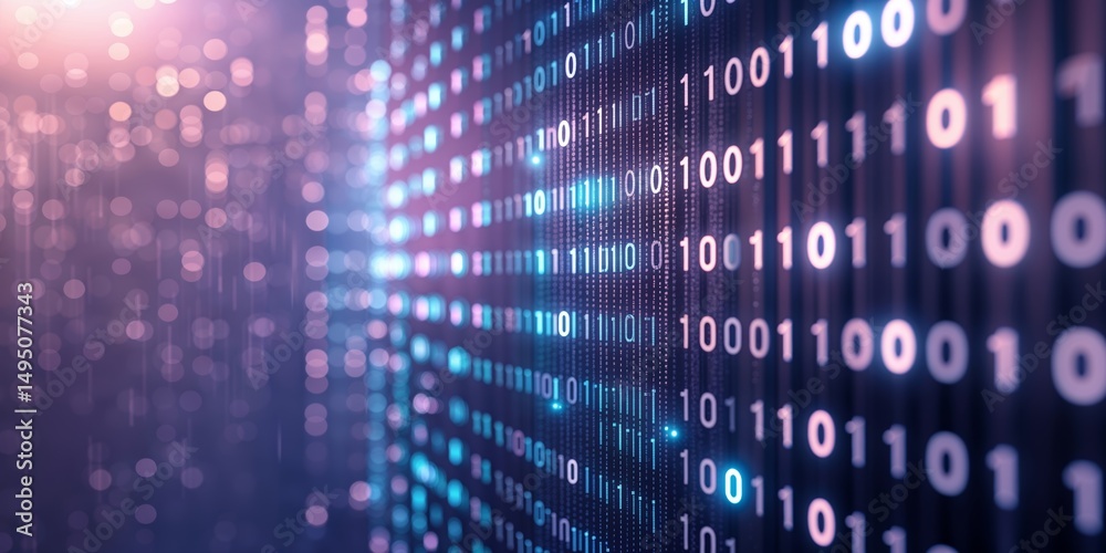 Poster digital binary code streams lighting up a dark background during a tech-themed event at night