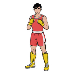 Asian athlete standing on white background in sports equipment. Vector illustration on the theme of sports