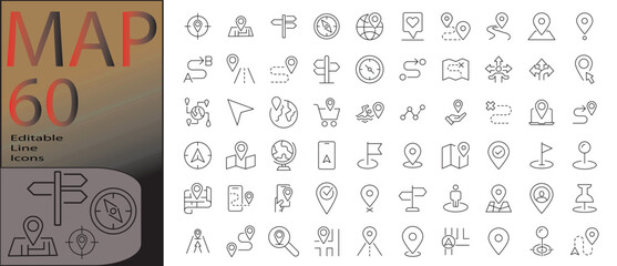 map line editable icon set. Editable stroke. Vector illustration