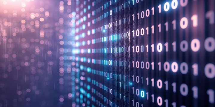 Digital binary code streams lighting up a dark background during a tech-themed event at night