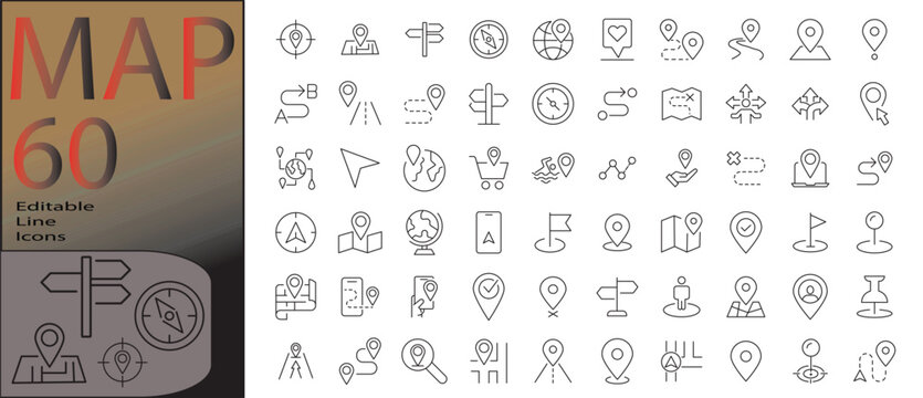 map line editable icon set. Editable stroke. Vector illustration