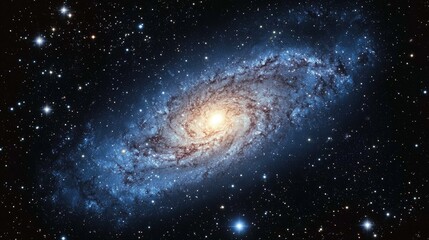 Fototapeta premium A mesmerizing spiral galaxy, swirling with blue and gold hues, set against a backdrop of countless stars