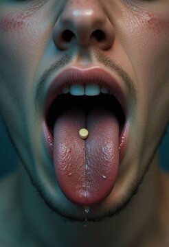 Pastilla disuelta en la lengua de un joven, con la saliva brillando bajo la tenue luz del ba&ntilde;o