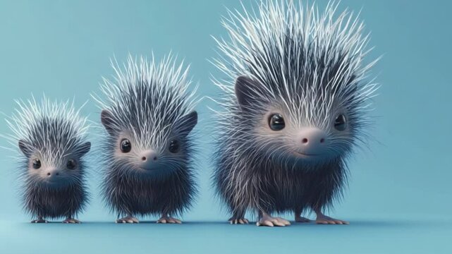 Three adorable hedgehogs with spiky fur standing together against a soft blue background