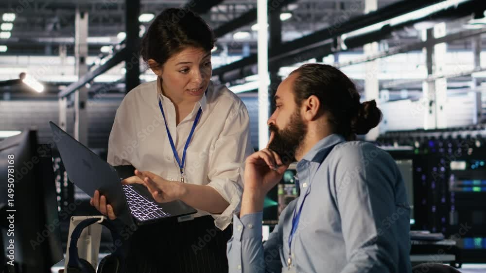 Poster data center admins working together, collaborating on neural network software development. teamworki