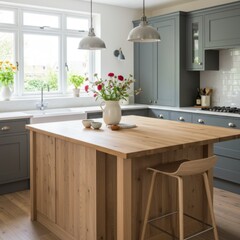 Modern Kitchen Island with Gray Cabinets and Light Wood Countertops
