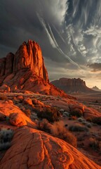 Naklejka premium Dramatic desert landscape with towering rock formations illuminated by golden light