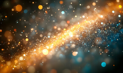 Abstract glowing lights create an ethereal, flowing river of golden and blue bokeh effects on a dark background