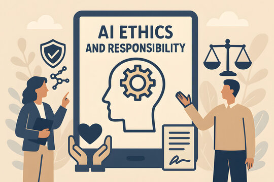 AI Ethics and Responsibility: A harmonious blend of technology and humanity, symbolizing the importance of ethical AI development and responsible AI practices in a digital world.