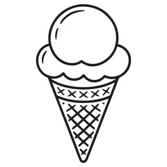 Cute Groovy Summer Line Art Illustration of a Smiling Ice Cream Cone with Two Scoops