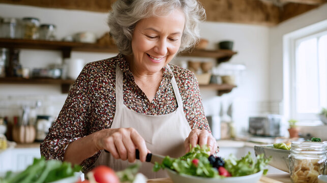 Happy senior woman making healthy salad
