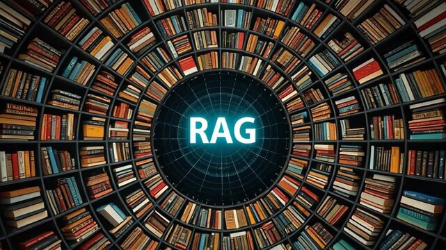 Retrieval-Augmented Generation (RAG) inside circular library, visualizing knowledge-augmented AI systems
